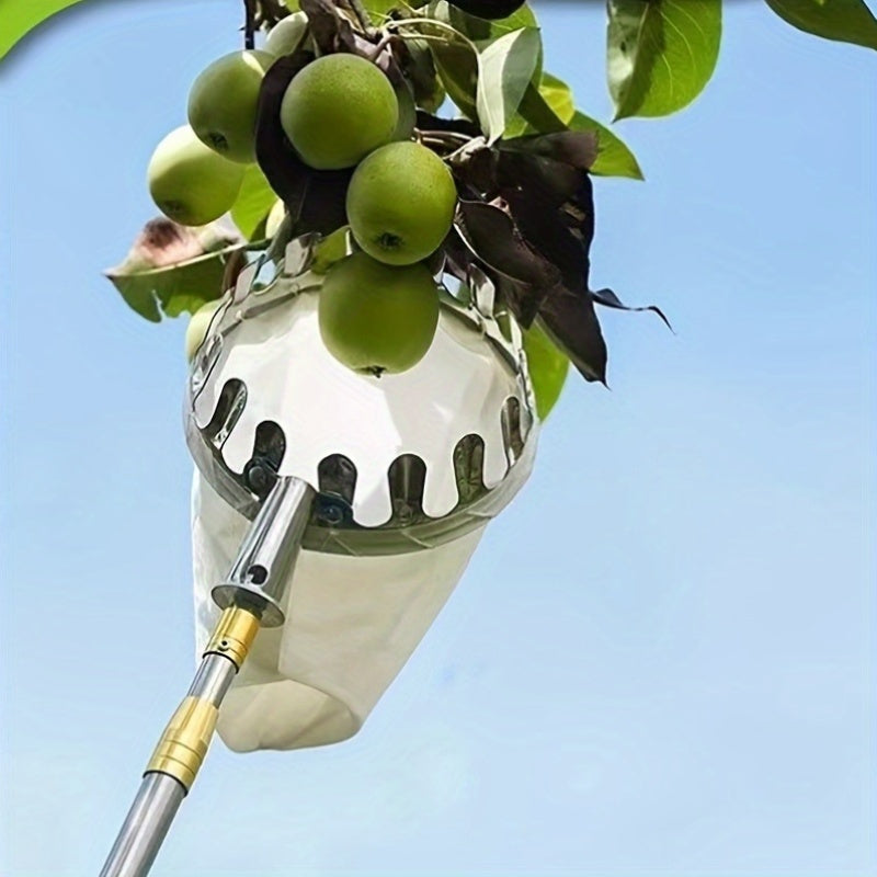 1pc Recogedor de frutas extensible de acero inoxidable con varilla telescópica - Herramienta de cosecha de jardín para alcanzar manzanas, caquis, mangos, nísperos con cesta de absorción de impactos, alcance de 74 pulgadas