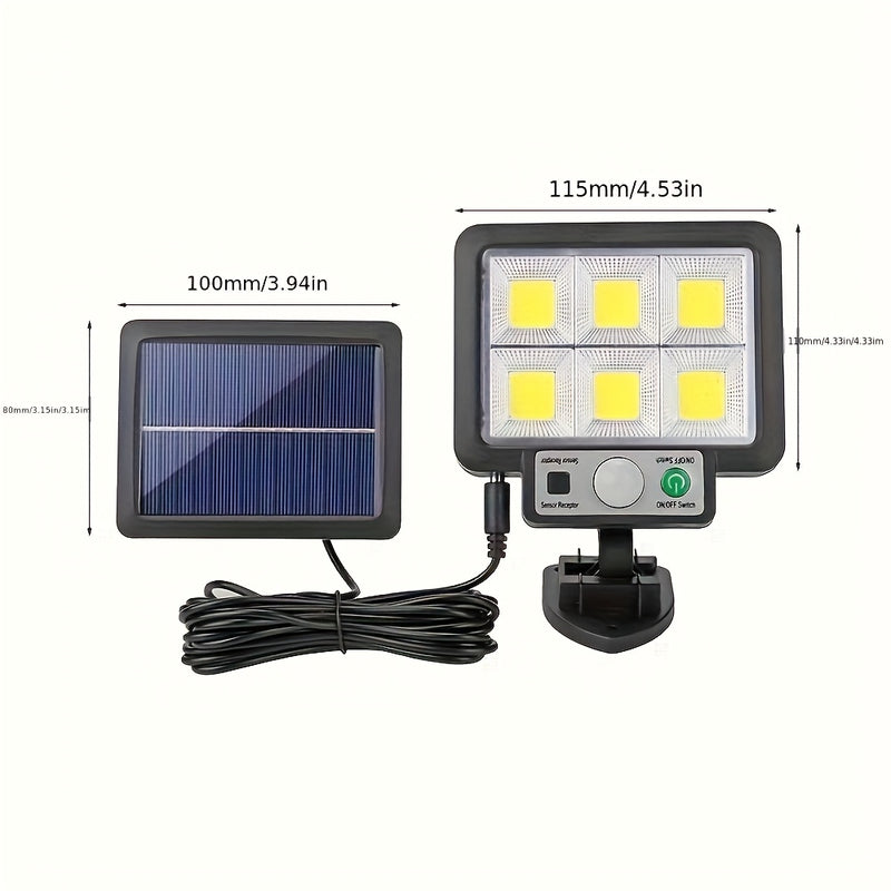 Lámpara solar LED para exterior, 56/72/108/117 LED, 3000 lúmenes, con sensor de movimiento, 3 modos de iluminación, paneles ajustables, seguridad con cable, para patio