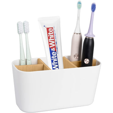 Soporte para Cepillos de Dientes de Bambú con 5 Ranuras - Organizador de Encimera para Cepillos de Dientes Eléctricos, Pasta de Dientes y Maquinillas de Afeitar - Solución de Almacenamiento Elegante para el Tocador del Baño