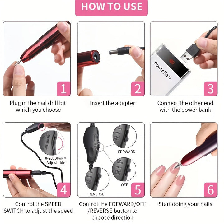 Taladro de uñas portátil, kit profesional de manicura eléctrica con 18 cabezales reemplazables, velocidad ajustable - alto RPM, ideal para cuidado de uñas y pies, incluye empujador de cutículas, regalo perfecto para mujeres, cumpleaños, días festivos y D