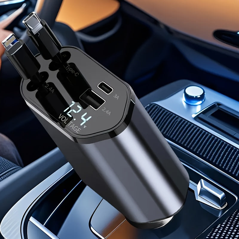 66W de Salida Máxima, Cargador Rápido para Auto con Cable Telescópico y 2 Puertos USB, Compatible con iPhone 15/15 Pro Max/14 Pro Max/13/12/11, Samsung, Xiaomi, Galaxy S23/22, Pixel