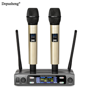 DEPUSHENG micrófono sin varillas profesional de dos canales portátil y manual, receptor sin varillas para KTV, familia, reuniones, canciones en vivo y actuaciones