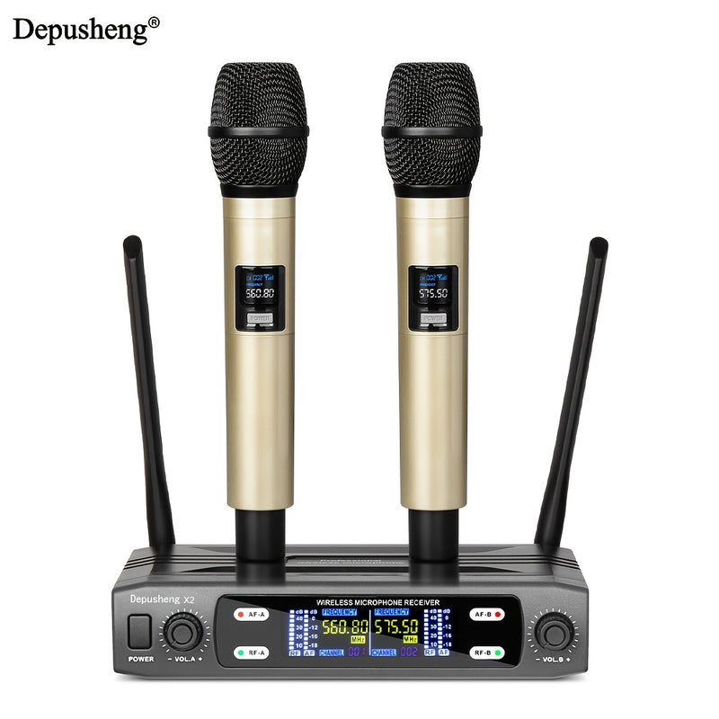 DEPUSHENG micrófono sin varillas profesional de dos canales portátil y manual, receptor sin varillas para KTV, familia, reuniones, canciones en vivo y actuaciones