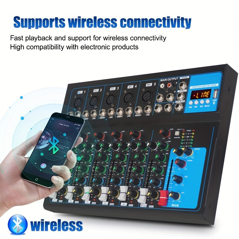 Mezclador DJ Portátil USB GH7 - Consola de Sonido de 7 Canales con Entrada MP3, Fuente de Alimentación de 48V para Grabación en Computadora, Negro