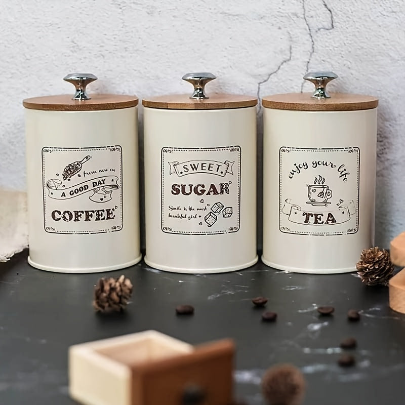 3 piezas/conjunto Cubiertas de frasco de mostrador de cocina, Cubiertas de frasco de cocina retro metálicas, Tres conjuntos, Cubiertas de frasco de café azúcar té, Frascos de almacenamiento de alimentos con tapas de bambú, Decoración de cocina de granja