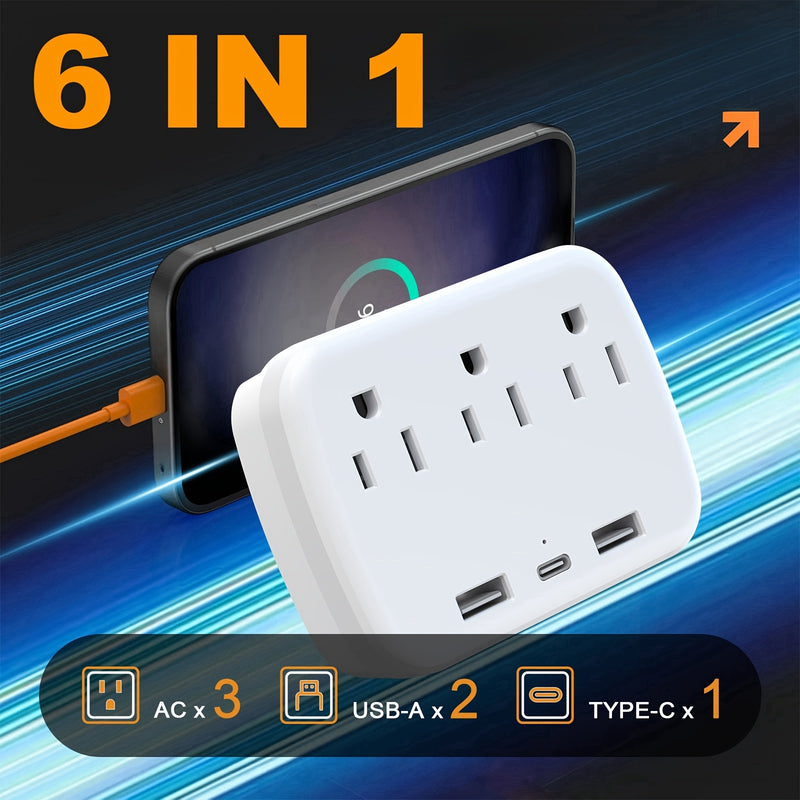 3 Enchufes de CA + 3 Puertos USB: ¡El Adaptador de Expansión de Enchufes Múltiples Definitivo con Cargador USB C!