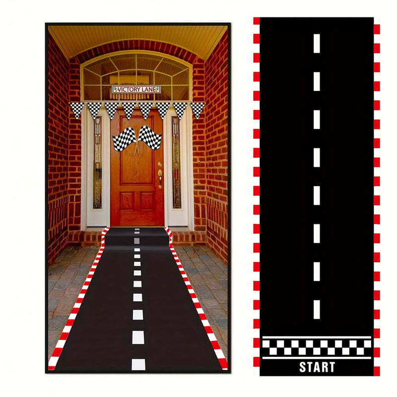 Corredor de fiesta temática de autos de carreras - 1 pancarta de poliéster a cuadros, decoración de pasillo de piso de pista de carreras no eléctrica para celebraciones de cumpleaños con temática de carreras