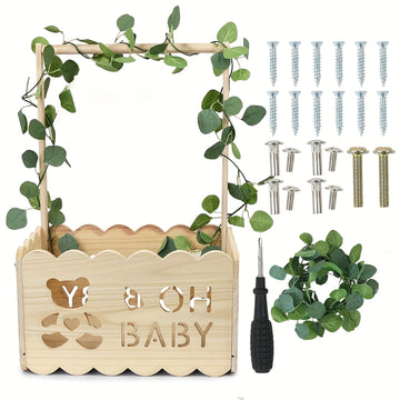 Caja de ducha de madera encantadora con asas - "You & Oh" diseño, guirnalda de verduras y colgadores variados - Cesta de regalo perfecta para nuevos padres, decoraciones de ducha