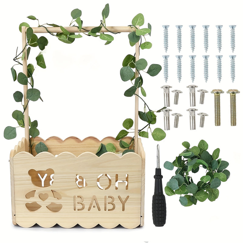 Caja de ducha de madera encantadora con asas - "You & Oh" diseño, guirnalda de verduras y colgadores variados - Cesta de regalo perfecta para nuevos padres, decoraciones de ducha