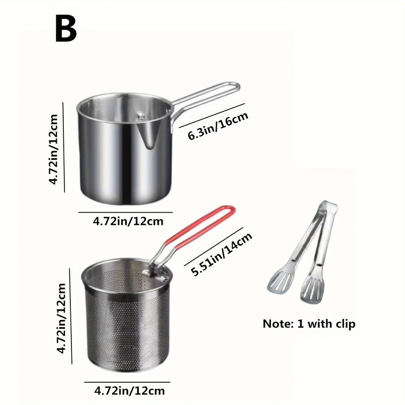 Freidora de acero inoxidable con cesta y clip - Mini freidora de 1,2 l sin carga y de bajo consumo para cocinas de inducción y gas, perfecta para freír patatas fritas, pollo, nuggets - Utensilios de cocina con mango