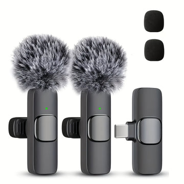 Micrófono Lavalier inalámbrico FengYang con reducción de ruido y controles integrados - Compatible con USB-C para teléfonos inteligentes, laptops, vlogging, clases en línea, podcasts - Micrófono compacto de clip con malla reductora de explosiones (negro)