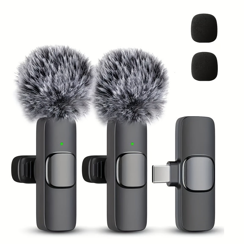 Micrófono Lavalier inalámbrico FengYang con reducción de ruido y controles integrados - Compatible con USB-C para teléfonos inteligentes, laptops, vlogging, clases en línea, podcasts - Micrófono compacto de clip con malla reductora de explosiones (negro)