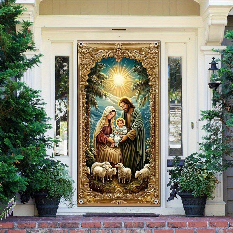 Banner de Puerta 2D, Bandera de Puerta 2D, 90x180cm/35.4x70.9pulgadas, Material de Poliéster - Banner de Puerta con Escena del Nacimiento, Decoración Estacional Adecuada para Reuniones en Casa y Decoración de Dormitorio, Apto para Diversas Ocasiones, No