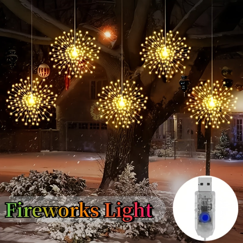 Luces LED de Fuegos Artificiales, 4 pzas Luces LED de Fuegos Artificiales Alimentadas por USB con Acabado Cepillado, 8 Modos de Iluminación, Montables en Pared, Luces de Hadas Colgantes de Plástico para Iluminación Decorativa Interior/Exterior