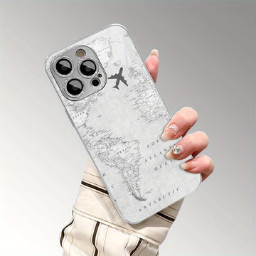 Fundas de Teléfono TPU Electroplateadas con Patrón Creativo de Vuelo en Mapa Gris y Protección para Lente para iPhone 16/16Pro/16ProMax/16Plus/16e, 15/15Plus/15Pro/15ProMax, 14/14Plus/14Pro/14ProMax, 13/13Pro/13ProMax, 12/12Pro/12ProMax, 11/11Pro/11ProMa