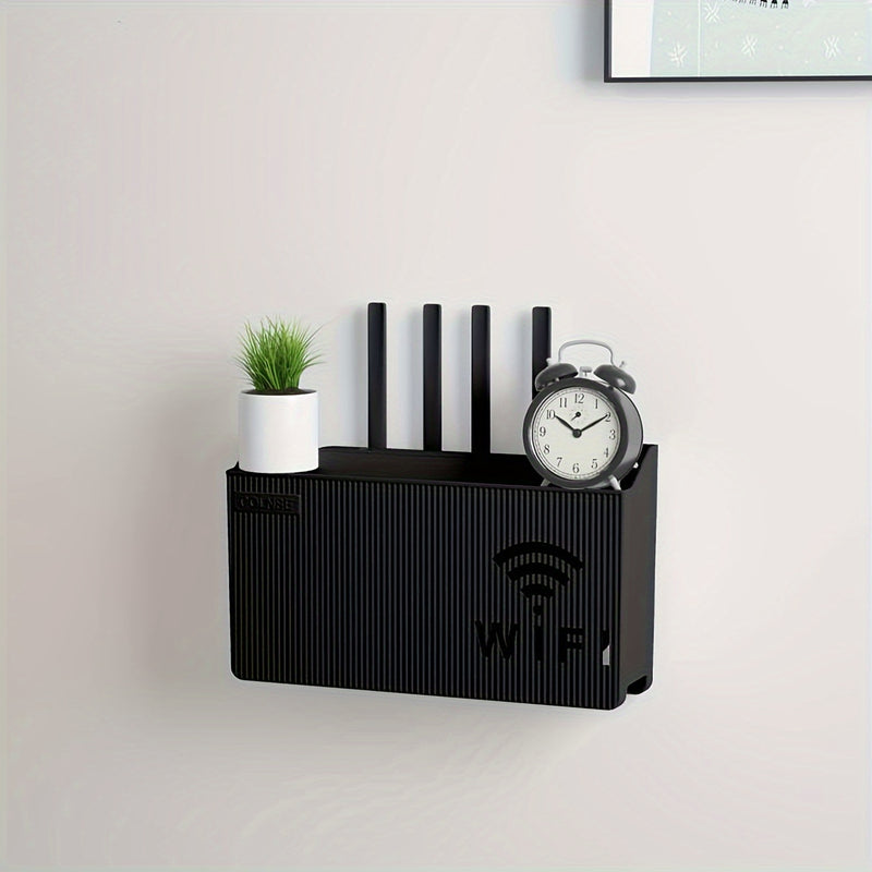 Estante organizador de plástico multiusos para router y decodificador de TV, montaje en pared sin taladro, con ganchos utilitarios para hogar u oficina
