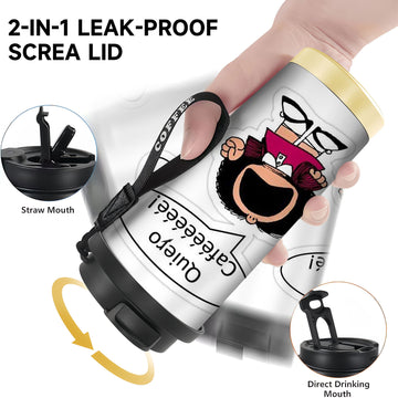 1 ud. Vaso de Acero Inoxidable de 18 oz con Diseño de Dibujos Animados de Mafalda y Texto "¿QUÉ COFFEEEEE!" - Termo Reutilizable Antifugas, Solo Lavado a Mano, Idea de Regalo para Amantes del Café, Accesorios para Cafetería