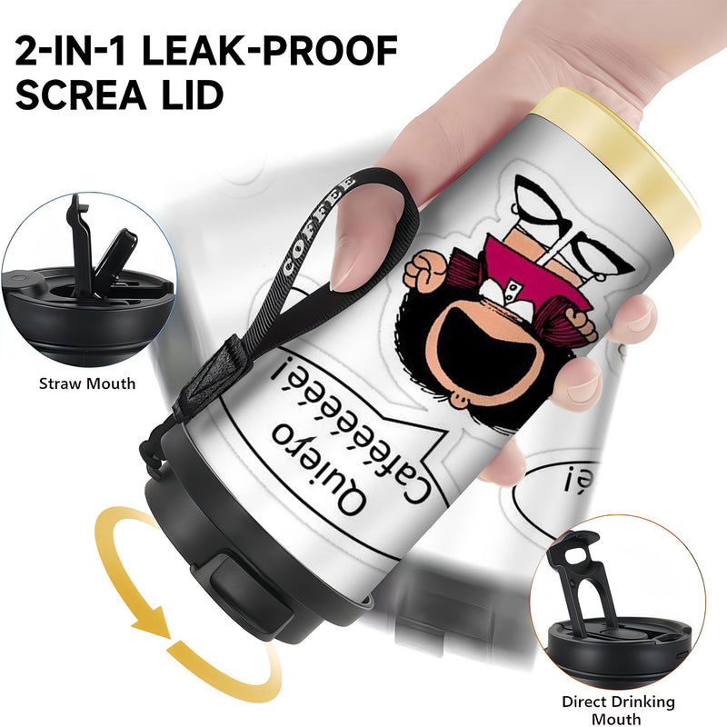 1 ud. Vaso de Acero Inoxidable de 18 oz con Diseño de Dibujos Animados de Mafalda y Texto "¿QUÉ COFFEEEEE!" - Termo Reutilizable Antifugas, Solo Lavado a Mano, Idea de Regalo para Amantes del Café, Accesorios para Cafetería