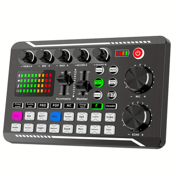 Tarjeta de sonido en vivo con interfaz de audio USB, efectos de mezclador DJ y cambiador de voz - Batería de litio recargable, equipo de estudio portátil para streaming, podcasting y gaming (Negro), Equipo para podcasting | Mezclador de audio moderno | T