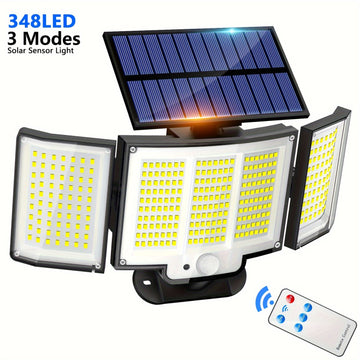 1 unidad/2 unidades de luz solar exterior, luz de seguridad con 348 LEDs y control remoto, foco de pared con sensor de movimiento de 3 cabezales, 270° de ángulo amplio, 3 modos de iluminación, lámpara para jardín, patio, garaje, puerta principal, piscina