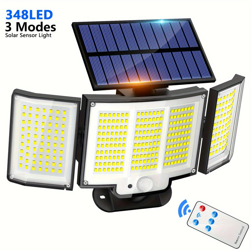 1 unidad/2 unidades de luz solar exterior, luz de seguridad con 348 LEDs y control remoto, foco de pared con sensor de movimiento de 3 cabezales, 270° de ángulo amplio, 3 modos de iluminación, lámpara para jardín, patio, garaje, puerta principal, piscina