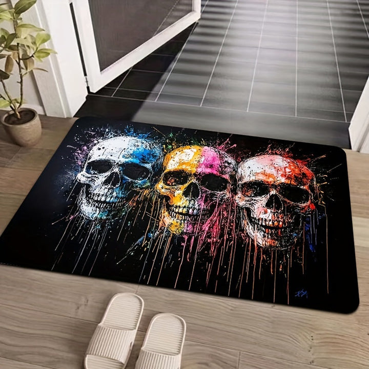 Alfombra de Entrada de Diseño de Cráneo Artístico - Lavable en Máquina, Rectangular, de Poliéster con Revestimiento de PVC, Alfombra Antideslizante para Entrada, Sala de Estar, Dormitorio, Cocina - Alfombra Decorativa de Suelo Hecha a Máquina