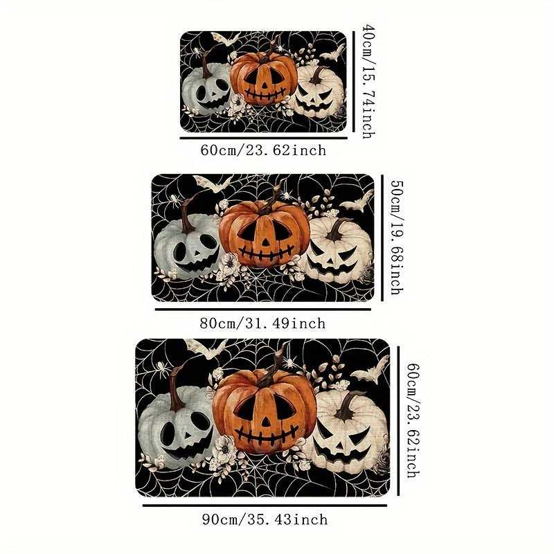 1pc Felpudo de Halloween de poliéster, diseño de telaraña de calabazas negras, felpudo decorativo de entrada espeluznante, respaldo de goma antideslizante para interiores/exteriores, rectangular, lavable a máquina, decoración de piso para el hogar y la c