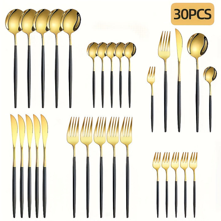 Juego de cubiertos de acero inoxidable, 30 piezas, dorado y dorado con mango negro, pulido espejo, resistente, apto para lavavajillas, incluye tenedores, cuchillos y cucharas