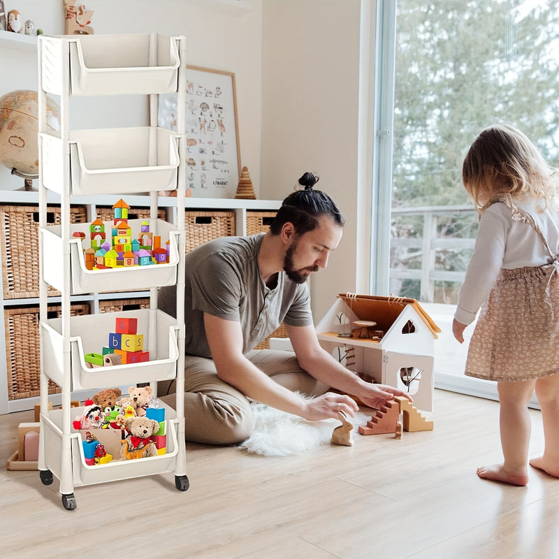 Carrito organizador giratorio de 5 niveles con ruedas – Plástico resistente, ahorrador de espacio para utensilios de cocina, productos de limpieza, ropa, libros y más – Ideal para el hogar, oficina o baño, isla de cocina | Organizador multifuncional | Ca