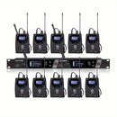 Sistema inalámbrico de monitoreo de audio LMBGM AR2080-10 UHF de 2 canales, aleación de aluminio, conector de 6.35 mm, alimentado por corriente eléctrica, 110-130V, enchufe estadounidense, ideal para escenarios, bandas, estudios y músicos - Incluye 10 re