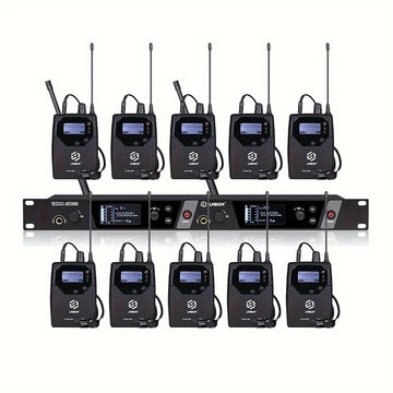 Sistema inalámbrico de monitoreo de audio LMBGM AR2080-10 UHF de 2 canales, aleación de aluminio, conector de 6.35 mm, alimentado por corriente eléctrica, 110-130V, enchufe estadounidense, ideal para escenarios, bandas, estudios y músicos - Incluye 10 re