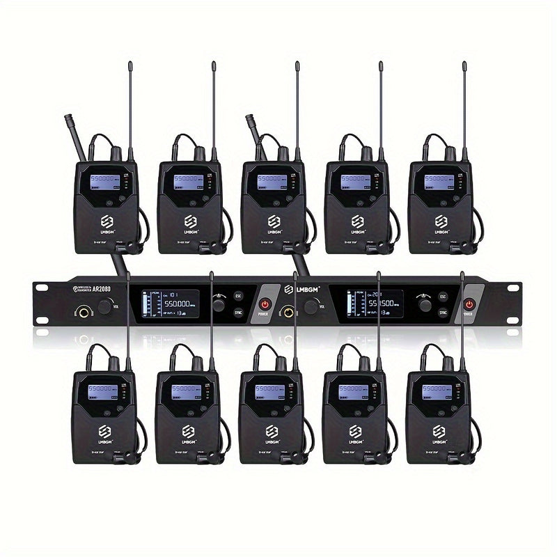 Sistema inalámbrico de monitoreo de audio LMBGM AR2080-10 UHF de 2 canales, aleación de aluminio, conector de 6.35 mm, alimentado por corriente eléctrica, 110-130V, enchufe estadounidense, ideal para escenarios, bandas, estudios y músicos - Incluye 10 re