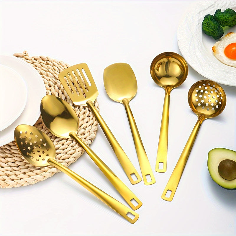Juego de 6 utensilios de cocina de acero inoxidable - Prácticas herramientas de cocina con cuchara ranurada, espumadera, cuchara maciza, espátula, espátula ranurada - Batería de cocina multiusos duradera para el hogar y el restaurante