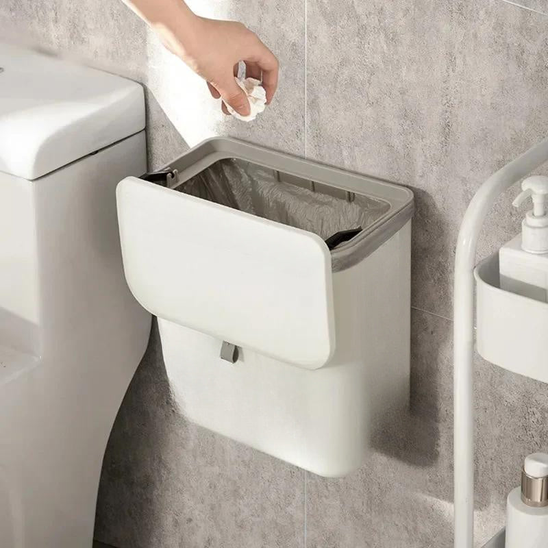 Cubo de basura de cocina sin contacto, montado en la pared con tapa de presión manos libres - Diseño rectangular duradero de plástico ahorrador de espacio para baño y cocina, contenedor de residuos higiénico, cubo de basura de cocina, cubo de basura ahor