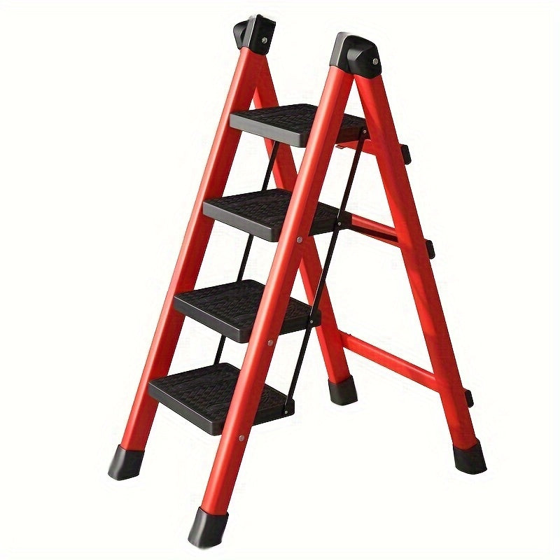Escalera banco plegable de 4 pasos - Ligera, portátil y multifuncional con peldaños antideslizantes anchos para uso en el hogar, color rojo