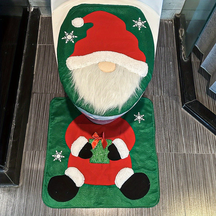 Juego de Cubierta de Asiento de Inodoro y Alfombra de Navidad de Dos Piezas con Enano de Santa - Decoraciones Navideñas - Decoración de Baño Estacional, Kit Creativo de Accesorios para el Hogar con Diseño Festivo