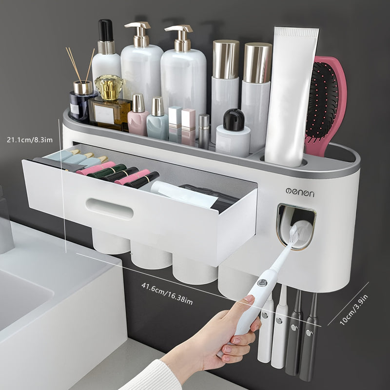 1 Juego De 2/3/4 Piezas, Porta Cepillos De Dientes Para Baños, Vasos Porta Cepillos, Montado En La Pared Con Dispensador De Pasta De Dientes, Bandeja De Gran Capacidad, 2 Cajones Para Cosméticos, Organizador De Baño Y Accesorios De Baño