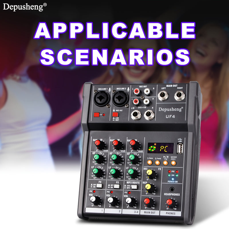 DEPUSHENG Mezclador de Audio Digital de 4 Canales para USB, MP3, Estudio de DJ Estéreo y Streaming – Consola de Sonido Profesional con Material ABS, Negro, Perillas y Botones Multifuncionales para Mezclar, Grabar y Reproducir, Equipo de DJ|Diseño Elegant