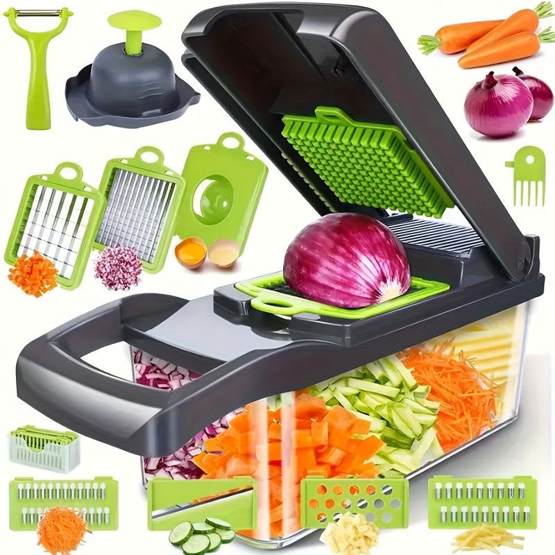 Juego de picadora de verduras 16 en 1 | 8 cuchillas, contenedor, pelador y filtro | Preparación fácil de comidas, cebolla profesional, zanahoria y picadora de ajo, suministros de cocina