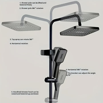 Juego de ducha de lluvia mate negro de lujo con aspersión superior de 12 pies - Cabezal de ducha cuadrado montado en la pared, pulverizador de mano multifuncional y manguera, construcción metálica duradera, ideal para la experiencia de baño moderno, acce