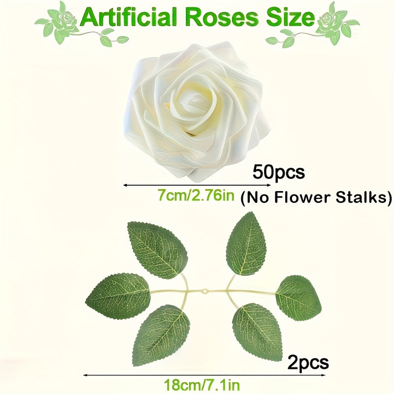 52 piezas de flores artificiales, 50 flores, 2 hojas, rosas falsas de espuma realistas para bodas DIY, ramo de novia blanco, regalo de decoración central, decoraciones de mesa para fiestas.