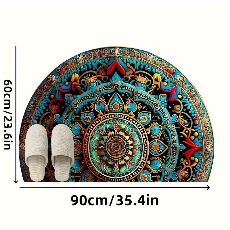 Felpudo de entrada Boho Mandala Semi-Circular, Antideslizante, Superabsorbente de fibra de poliéster de terciopelo de cristal con respaldo de moldeado de punto, lavable en máquina para entrada, sala de estar, cocina - 1000gsm, adecuado para centros comer