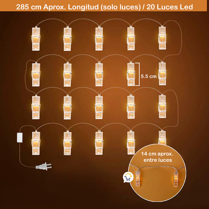 Luz Led Pinza Fotos X20 Luces Gancho Extensión 285cm LG20N