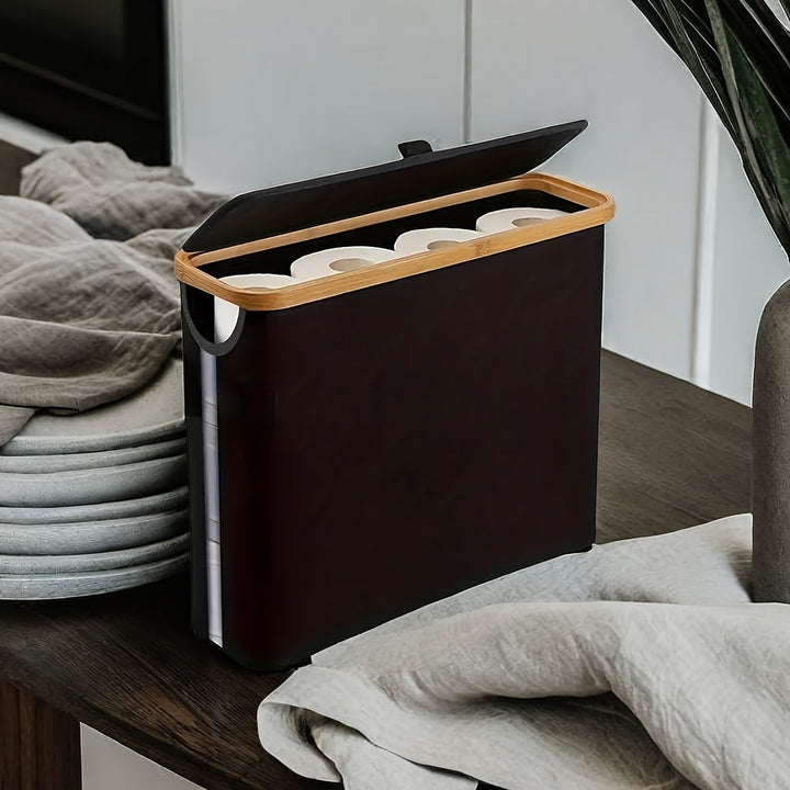 Portarrollos de bambú estilo bohemio con canasta de almacenamiento, multifuncional y plegable, ideal para baños y dormitorios, también sirve como canasta de ropa o soporte para pañuelos