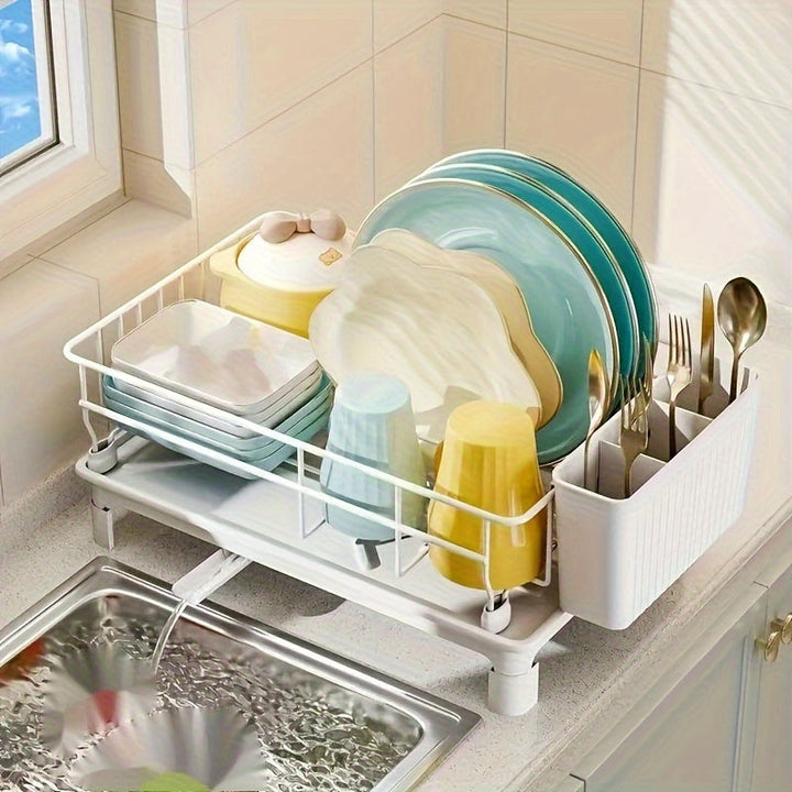 1pc Estante de Metal Ahorrador de Espacio con Portavasos y Tabla de Drenaje, Organizador de Cocina para Encimera, Estante de Acabado Pintado para Almacenamiento de Platos y Cubiertos - Negro/Blanco, Estante de Pie