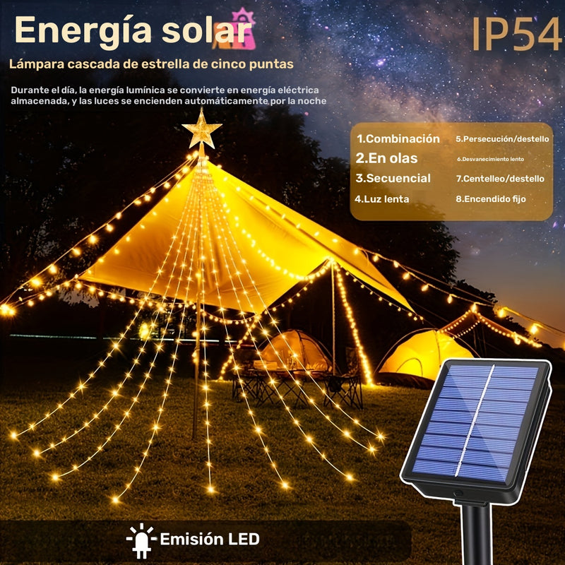 1pc 298.7cm 280 LED Luz de cascada de estrella de cinco puntas, luz solar para acampar al aire libre, 8 modos de luz de cuerda para exteriores, utilizada para decorar la ventana del jardín, cortina de decoración del patio, árbol de Navidad, fiesta en cas