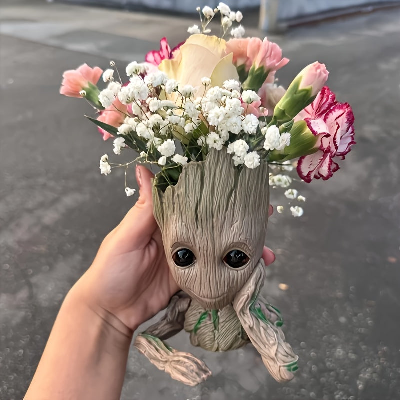 Maceta de Groot de Marvel - Árbol de dibujos animados lindo con flores rosas y blancas, hojas verdes, decoración de plástico duradera para interiores y exteriores, hogar, oficina, jardín, decoración de jardín de gnomos.