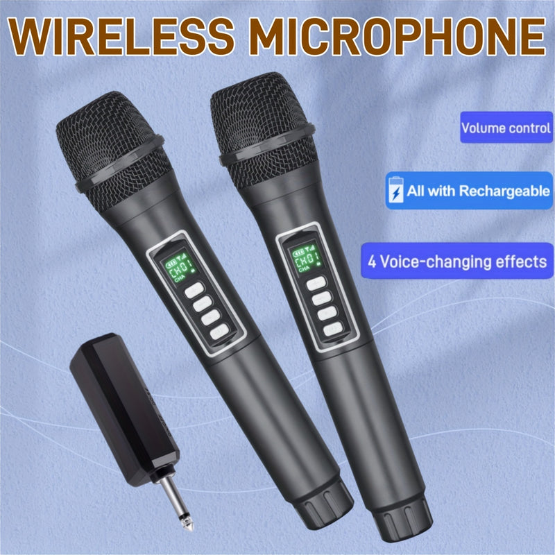 Micrófono inalámbrico negro, 2,4 GHz, sin cables, recargable por USB con batería, con enchufe de 6,35 mm, 4 efectos de cambio de voz, control de volumen, todo recargable, para actuaciones en vivo, conciertos, karaoke, estudios de grabación.