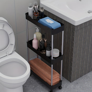 Carrito de almacenamiento rodante delgado de 3/4 niveles para baño – Estante móvil de plástico blanco con ruedas deslizantes, organizador multifuncional para espacios reducidos, ideal para organizar el baño, carrito móvil | Solución de almacenamiento mod