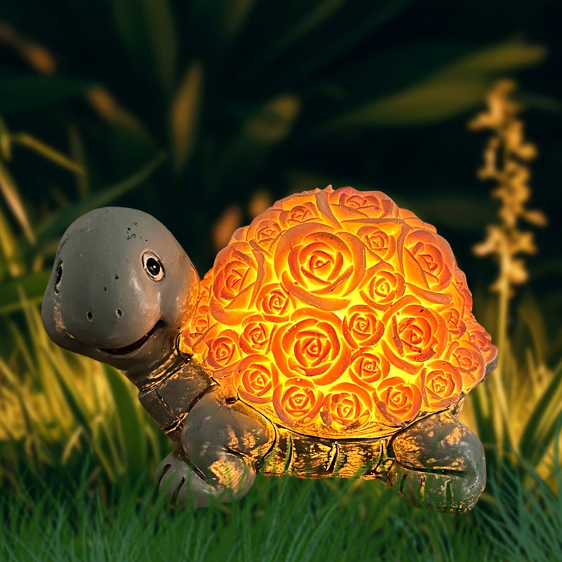 1 estatua de tortuga con energía solar y concha de rosa que brilla - Decoración de jardín al aire libre IP44, control de botón de energía solar, batería, ideal para fiestas de cumpleaños y regalos de San Valentín, decoración de tortuga